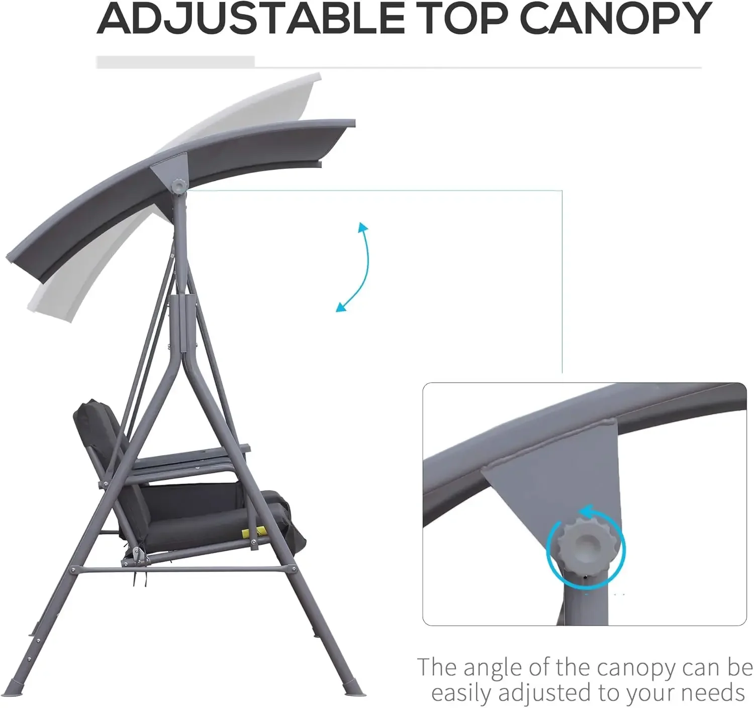 Outsunny 2 Person Porch Swing with Stand, Outdoor Swing with Canopy, Pivot Storage Table, 2 Cup Holders, Cushions for Patio,