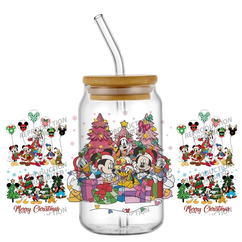 Miniso UV DTF Transfer Aufkleber Mickey Family Weihnachtsmuster Wasserfeste Aufkleber für 16oz Glasbecher Wickelaufkleber