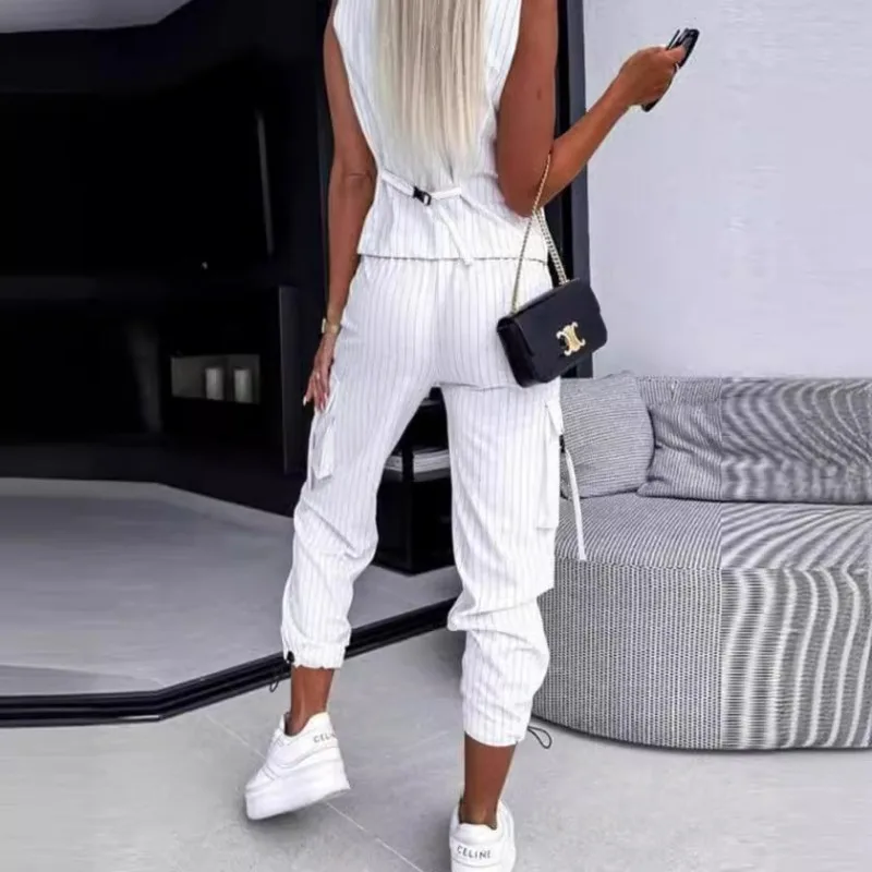 2024 Women Spring Summer Elegance Simplicity Fashion Casual Stripe Printed Vest Long Pants Clothes Set