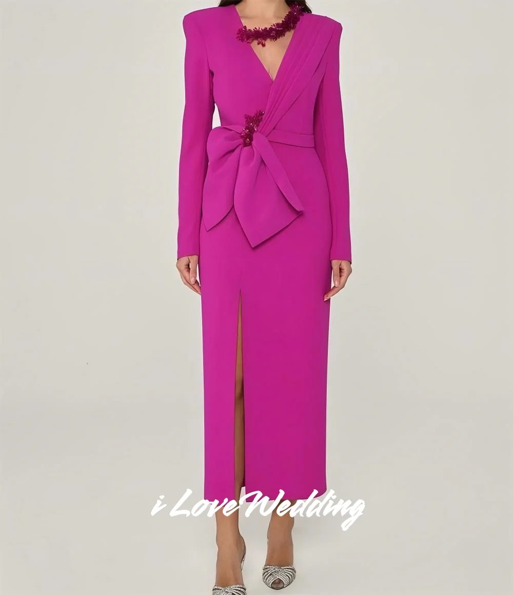 Fuschia – robe de soirée trapèze, col en v, nœud perlé, manches longues, fente latérale, longueur thé, robes d'occasion sur mesure plissées personnalisées