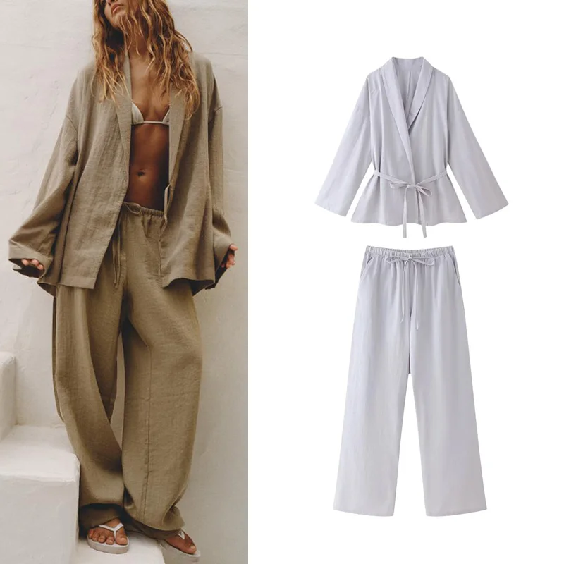 

Новое весеннее кимоно Quali с двойным воротником, верхняя одежда с поясом, брюки, модный комплект для женщин