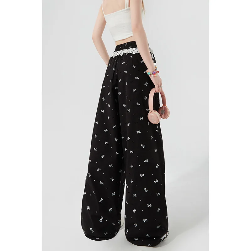 Black Bow Lace Wide Leg Pants For Women 2024 Summer New Polka Dot Print High Waist Slimming Casual Long Pants