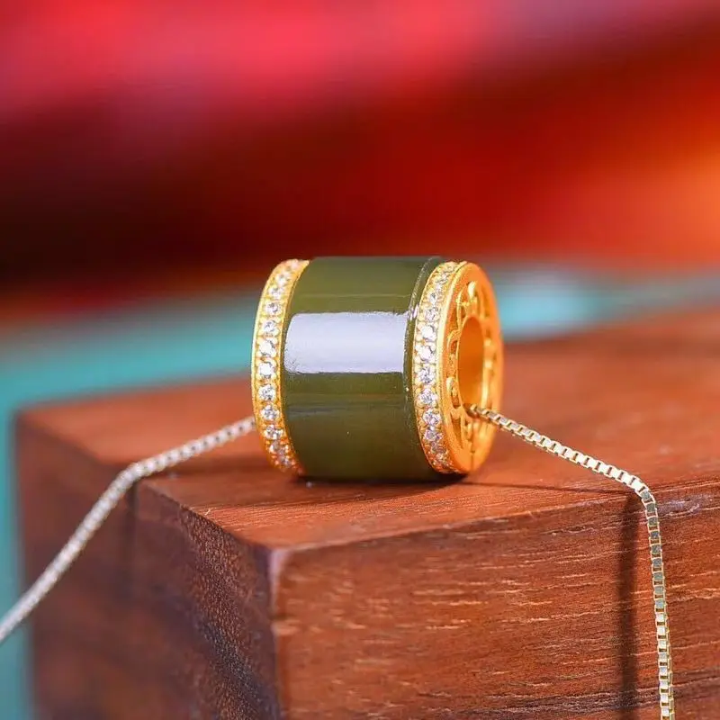 Traditional Silver Inlaid Hetian Duck Green Pendant Cylindrical Charm Women'S Collarbone Chain Jade Ornament