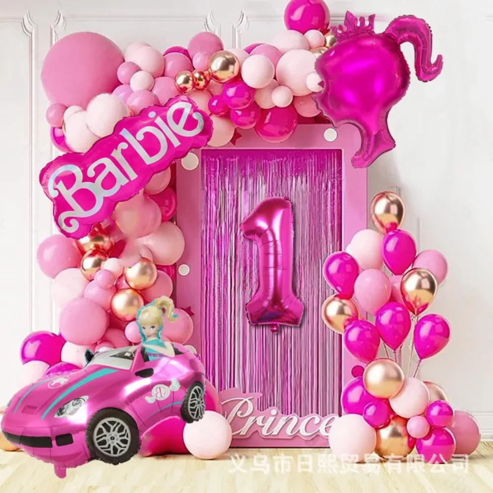 Conjunto de arco rosa de Barbie, 97 piezas, estilo guirnalda, 32 pulgadas, 1-9 bolas de aluminio, globo de látex, decoración de fiesta de cumpleaños para niños y niñas