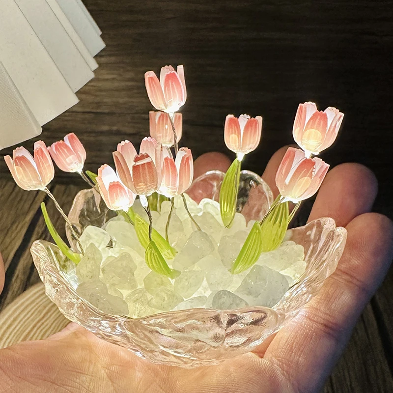 Crystal Cherry Blossoms Bowl Tulip Disc DIY Night Light Ornament for Girls Friends Birthday Gift DIY Material Accessories