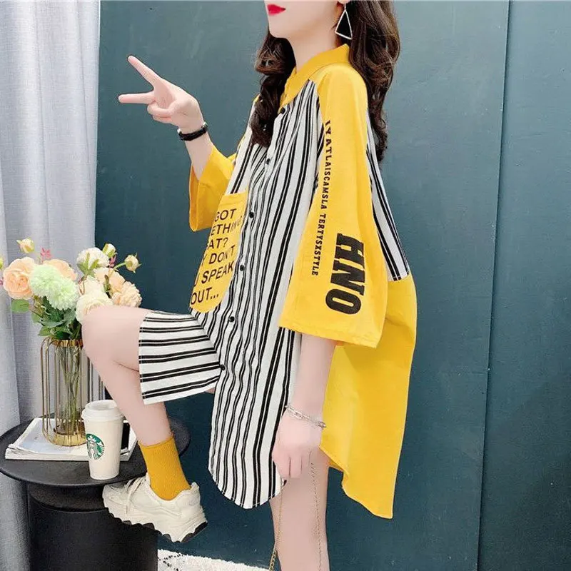 High Street Fashion Turn-down Collar Midi Blouse Women's Clothing Striped Letter Printed Summer New Casual Single-breasted Shirt