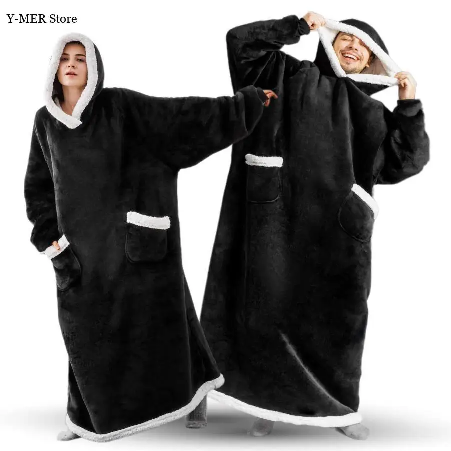 2025 Winter Super Long Flannel Blanket Winter Hoodies Sweatshirt Robe Women Men Pullover Fleece Giant Tv Oversized Home Wear
