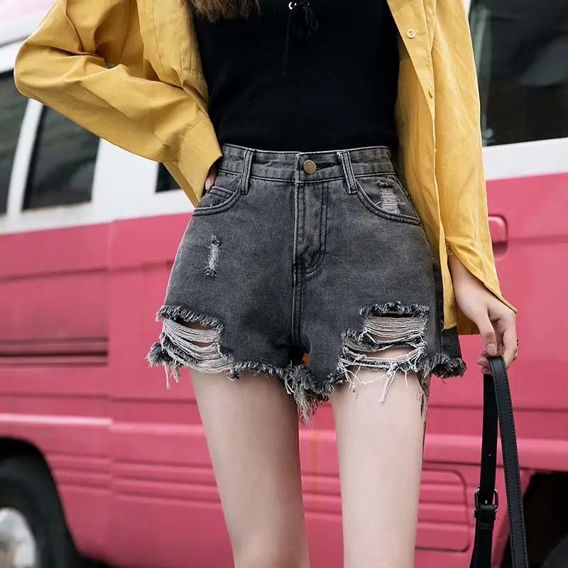 Hole Loose Denim Shorts Summer New High Waist Solid Color Wide Leg Hot Pants Trend Casual Fashion Women Clothing