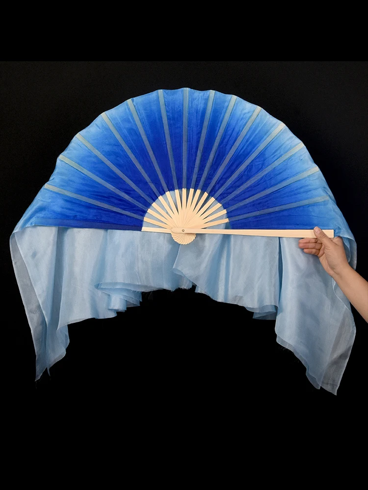 Blue Gradient 100% Silk Veil One Pair Belly Dance Competition Show Props Stage Performance Folk National Chinese Yangko Fan New