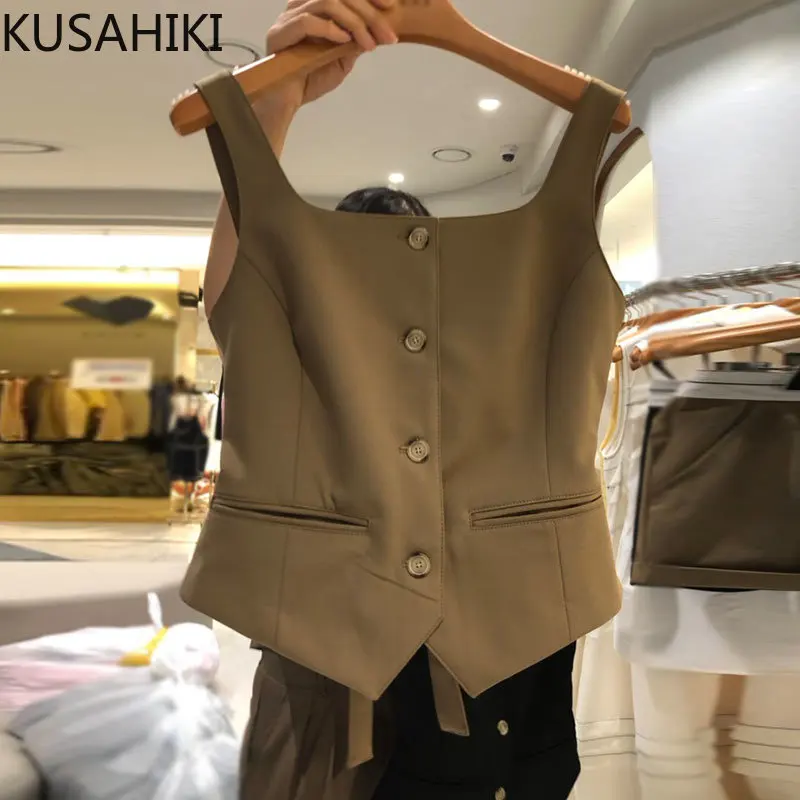 KUSAHIKI Fashion Single Breasted Square Collar Sleeveless Waistcoat Korean Slim Elegant Vest 2023 New Chic Outwear Vests Top