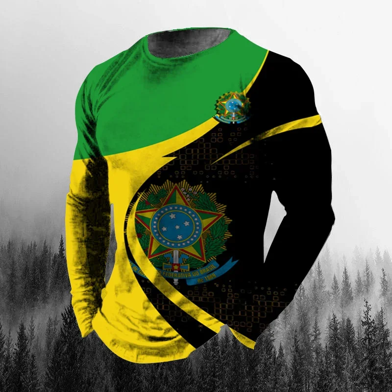 Vintage Brasilien-Flagge 3D-Druck Herbst Herren O-Ausschnitt T-Shirt Lässiges Langarm-Oversize-T-Shirt Modischer Pullover Herrenbekleidung – Detail 3