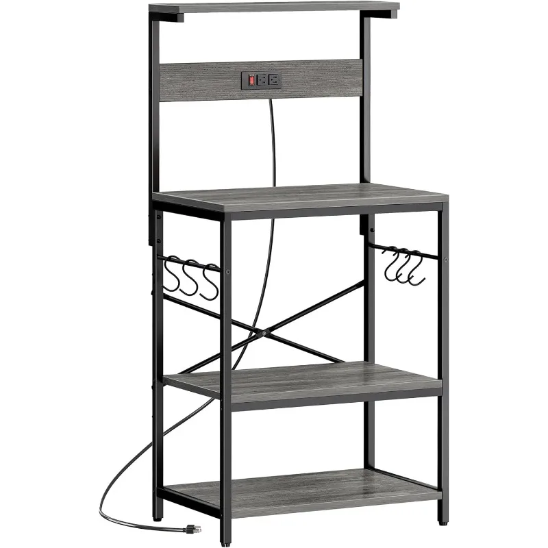 

Kitchen Bakers Rack with Power Outlet, Coffee Bar Table 4 Tiers, Kitchen Microwave Stand with 6 S-Shaped Hooks