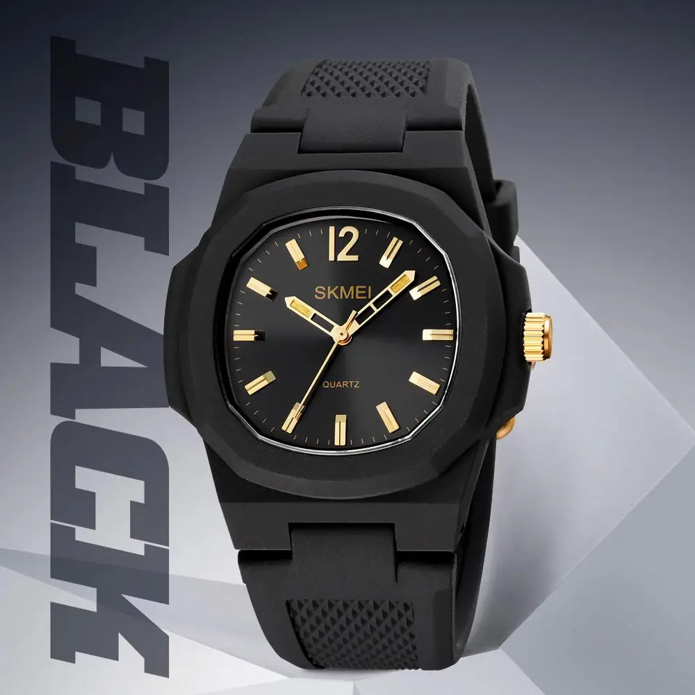 skmei black gold analog men's watch 50m waterproof casual quartz wristwatch silicel strap japan battery sport male clock 1717