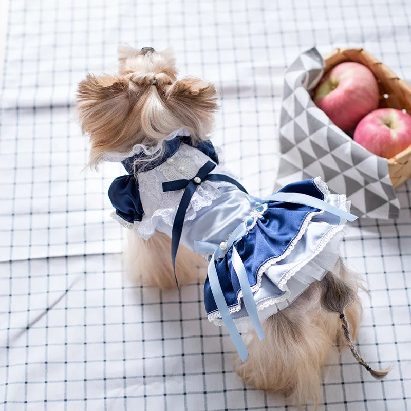 

Original Handmade Pet Dog Clothes Pure Cotton Blue Lace Party Princess Dresses For Small Medium Dog Poodle Puppy Coat Skirts