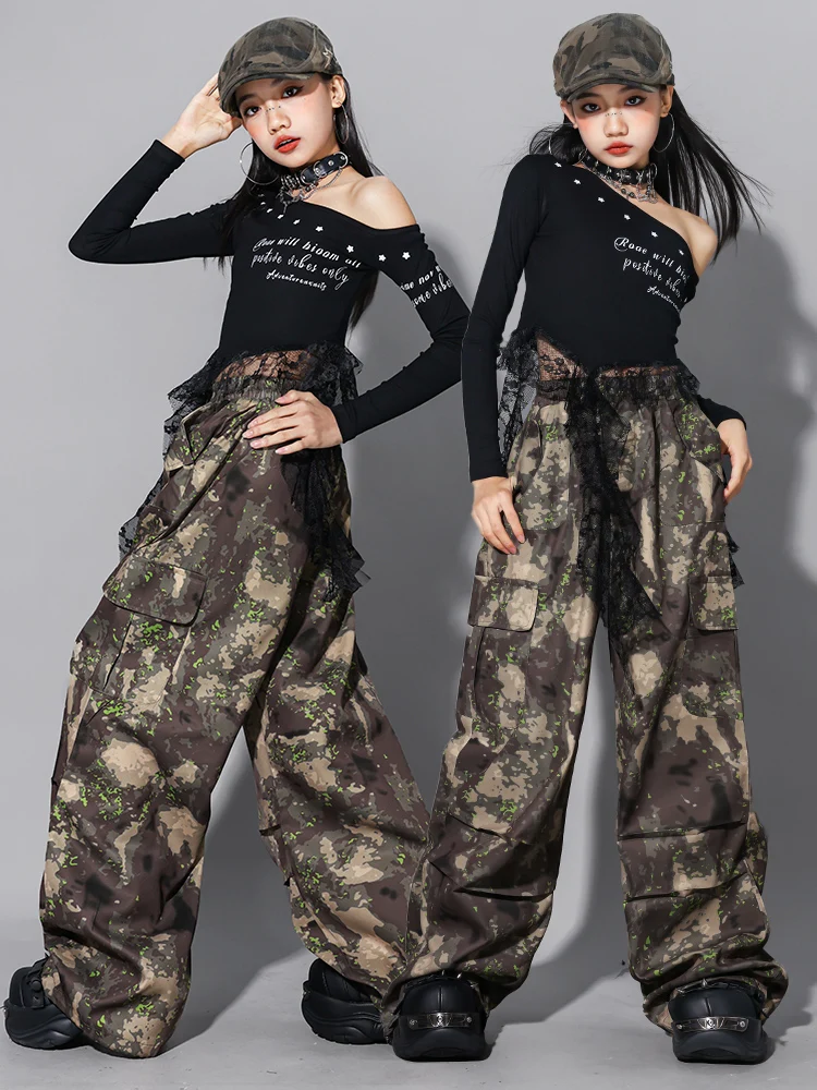 Kpop Girls Jazz Dance Clothes Hip Hop Performance Costume Black Long Sleeves Tops Camouflage Trousers Kids Street Wear BL18027