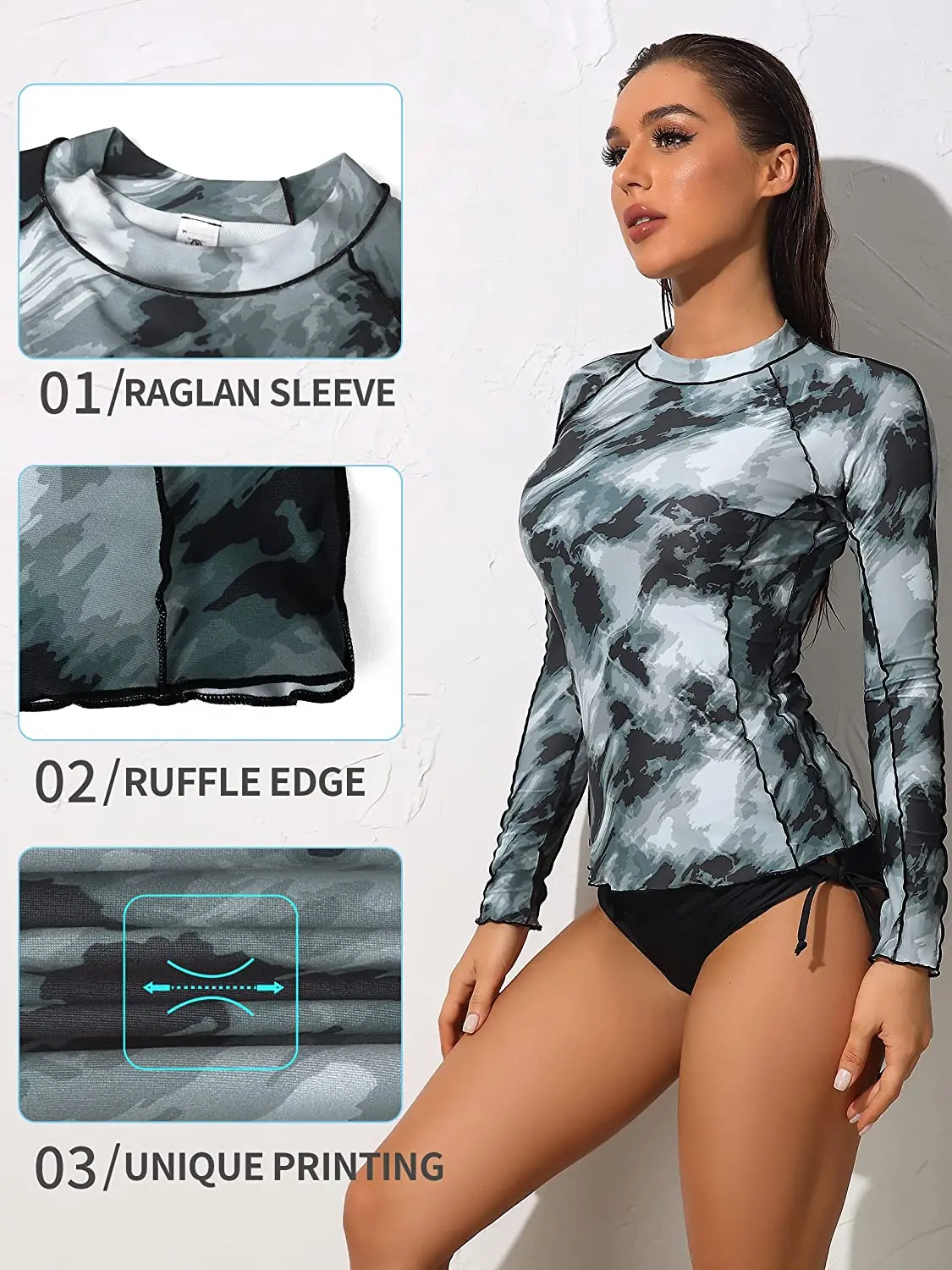 Anfilia Women Long Sleeve Rash Guard Shirts Swimwear Rash Guard Top Surf Top Tie Dye Printing Close-fitting Shirt UPF 50+