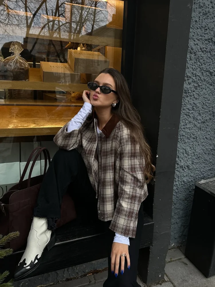 Panelled Plaid Turn-Down Collar Jackets Women Casual Loose Long Sleeve Short Jacket Female 2025 Spring Temperament Outwear Tops