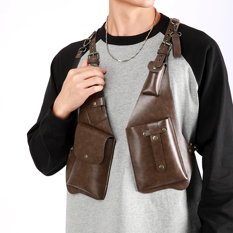 تصميم فاخر للرجال التكتيكية سترة حقيبة عالية الجودة بولي Leather جلد رجل حقيبة صدر للرجال الهاتف الحقيبة خمر تصميم تحت الإبط حقائب الظهر