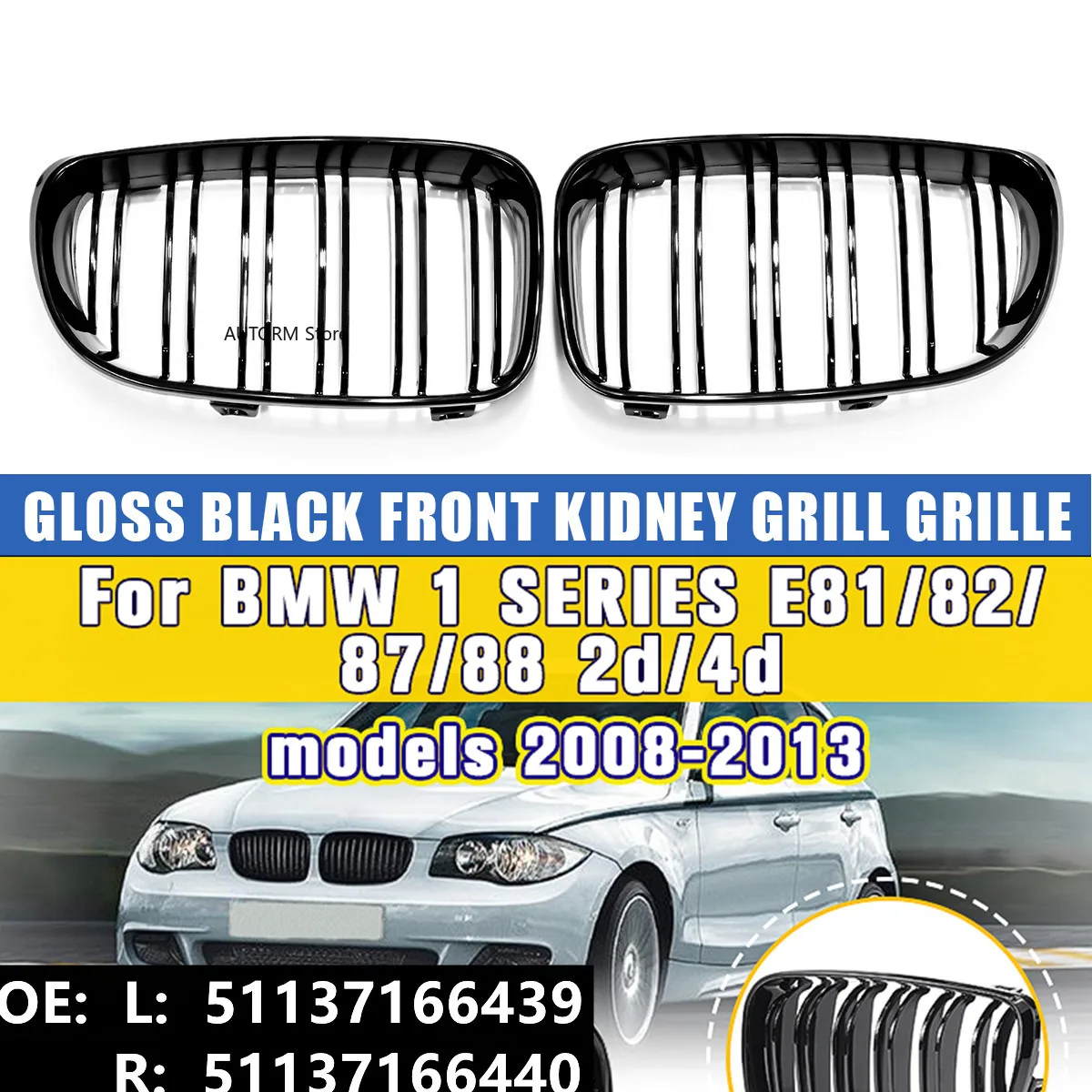 

Glossy Black Front Bumper Kidney Grille Grill Hood Mesh Double Line Grills For BMW E81 E87 E82 E88 128I 130I 135I 2008-2013