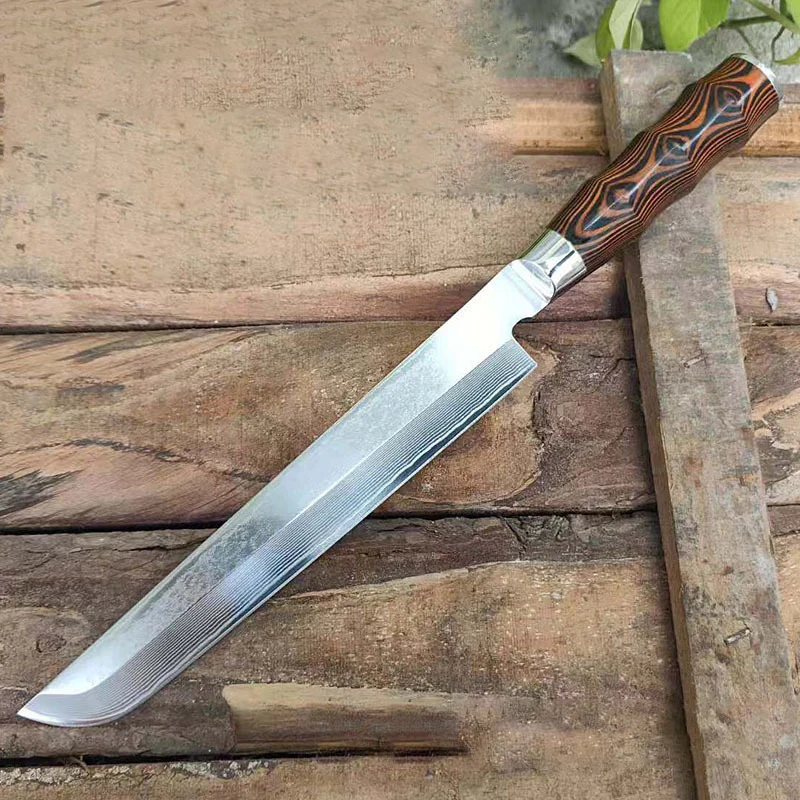 8 Inch Sashimi Knife Double-edged Blade Chef Cleaver Slicing 10Cr15MoV Damascus Steel Handmade Forged Japanese Kitchen Knife