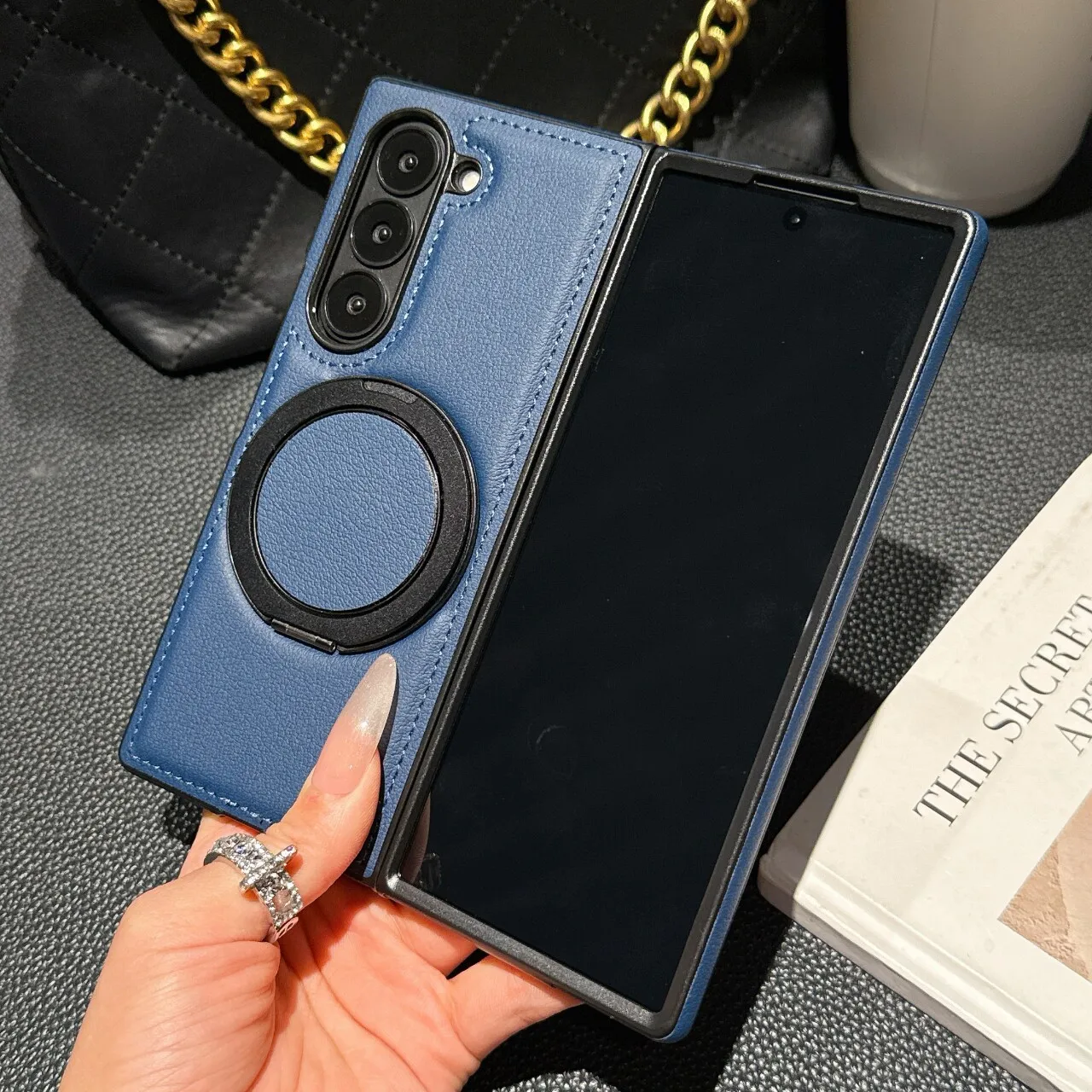 Busienss Luxury Leather Phone Case for Samsung Galaxy Z FOLD 8 Ultra 7 6 5 360° Magnetic Rotable Bracket Anti-drop Protect Cover