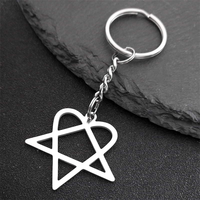 Musica rock Lui Heartagram Stella Cuore Portachiavi Acciaio inossidabile Colore argento Uomo Donna Borsa Portachiavi con ciondolo Gioielli regalo