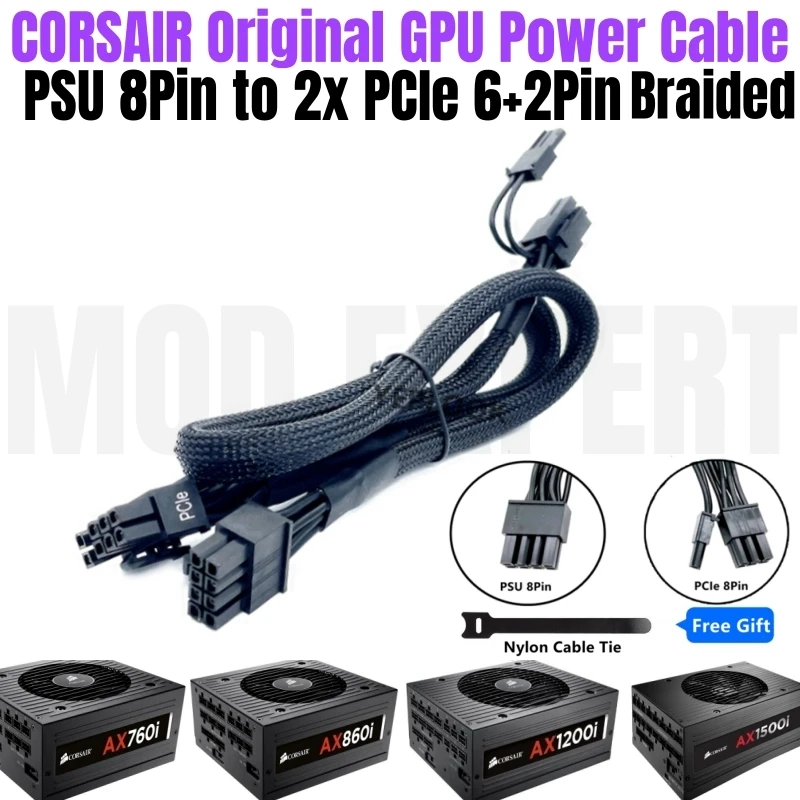 

Original CORSAIR PCI-E Dual 8Pin 6+2Pin GPU VGA Power Cable Sleeved 18AWG for CORSAIR AX760i AX860i AX1200i AX1500i Modular PSU