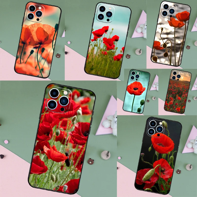 Red Corn Poppy Flower Back Cover Case For iPhone 12 13 Pro Mini 11 14 15 16 Pro Max XS X XR 7 8 Plus