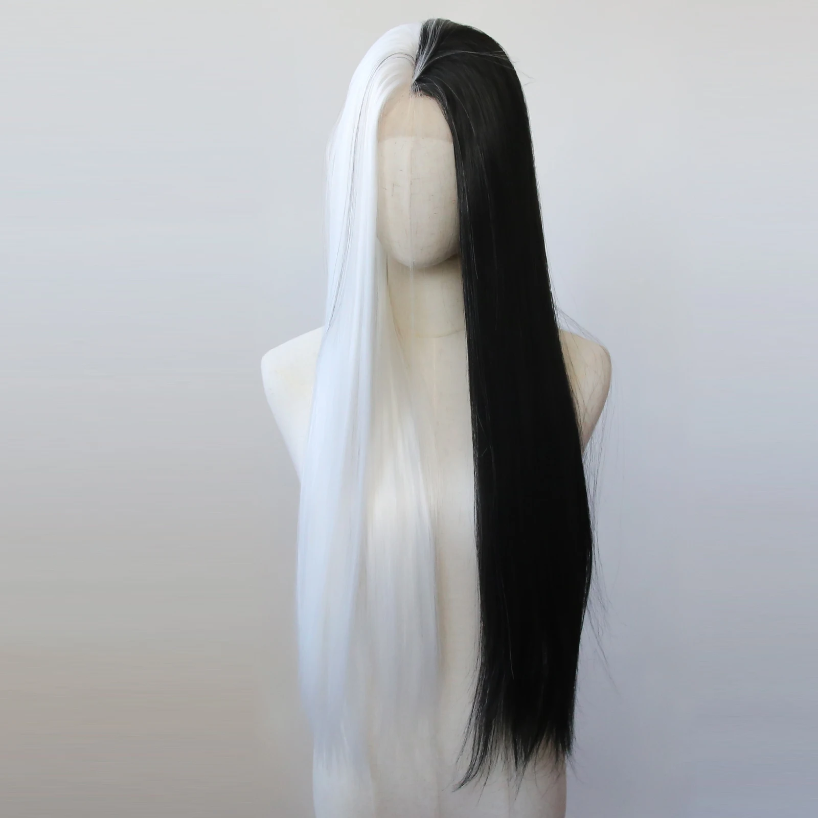 Half White and Half Black Synthetic Lace Front Wig Long Straight Synthetic Wig Pre Plucked Heat Resistant Hair Wig