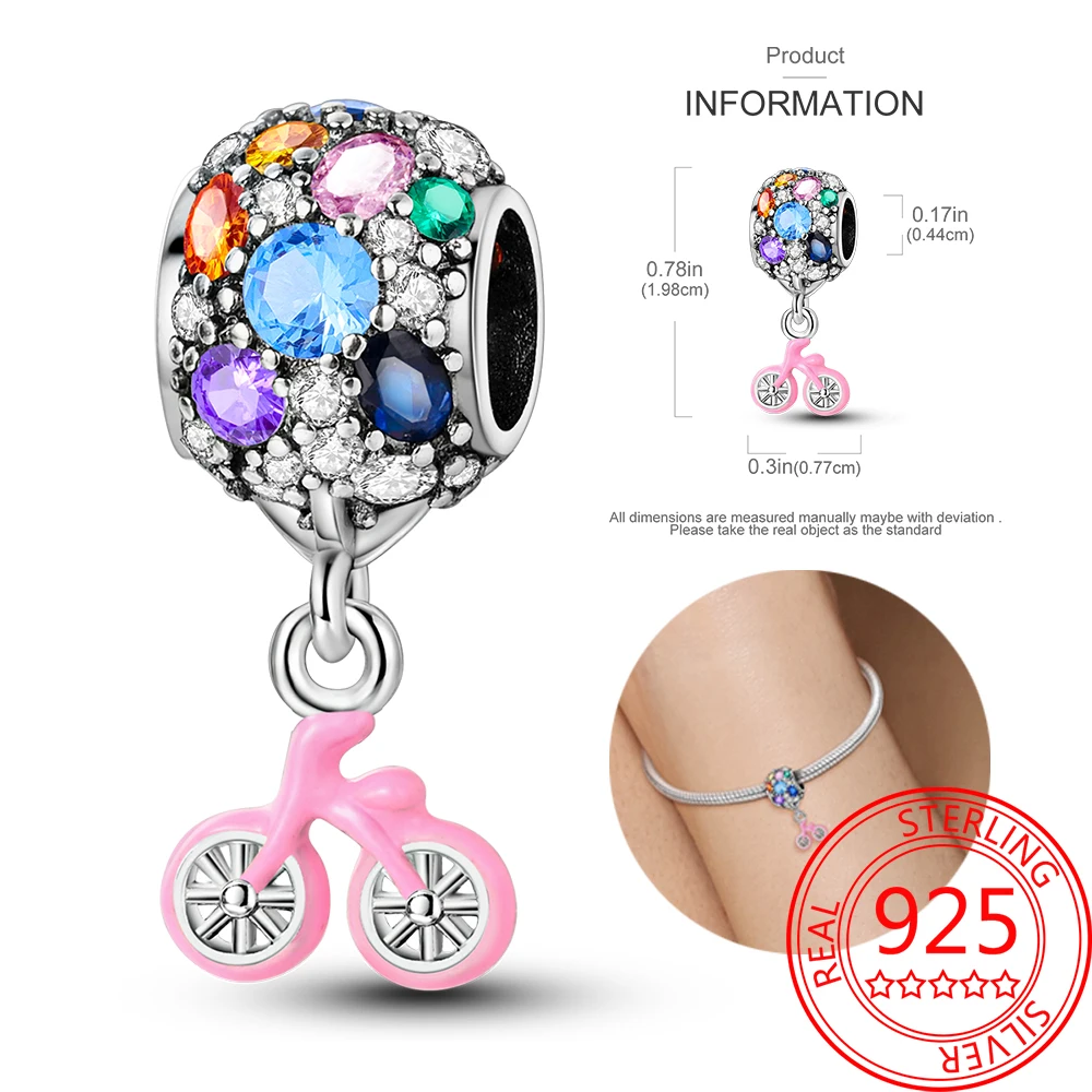 925 Sterling Silver Colorful Zircon Balloon&Pink Bicycle Combination Charm Fit DIY Bracelet Necklaces Travel Commemorative Jew