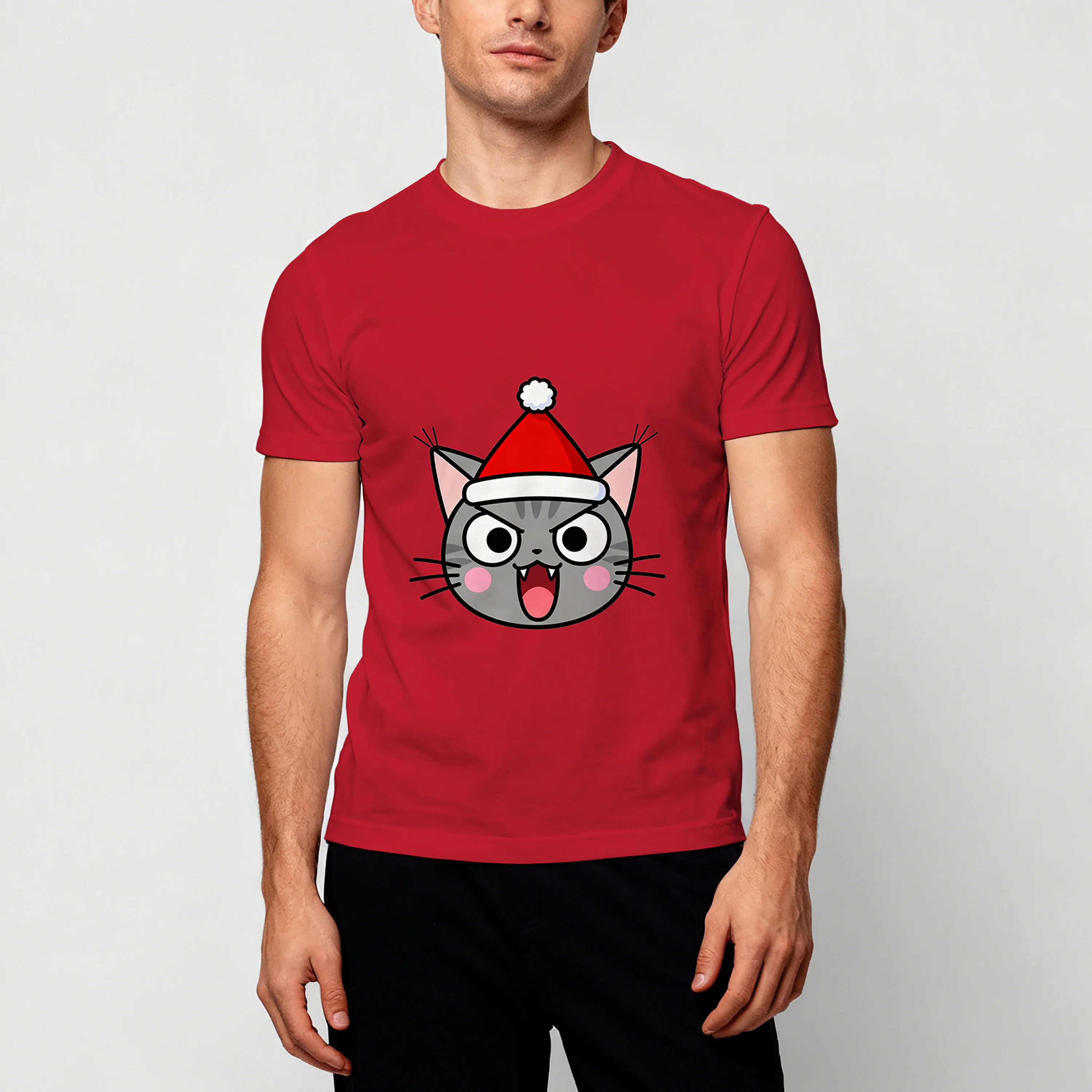 

Simple Christmas cat print short sleeved T-shirt for men's summer bestseller, fashionable and versatile casual breathable top