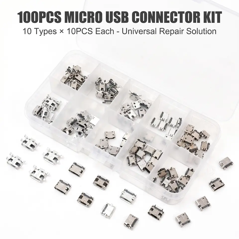 10 Tipos x 10 Piezas Conector Micro USB Tipo B Hembra 5Pin SMD Puerto Jack de Cola para Reparación de Conector de Datos para Teléfonos Android 4