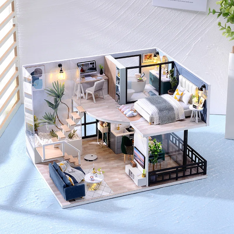 DIY Wooden Miniature Model Kit Girls Modern Loft Casa Doll Houses 3D Puzzle Dollhouse With Furniture LED Lights for Friends Gift