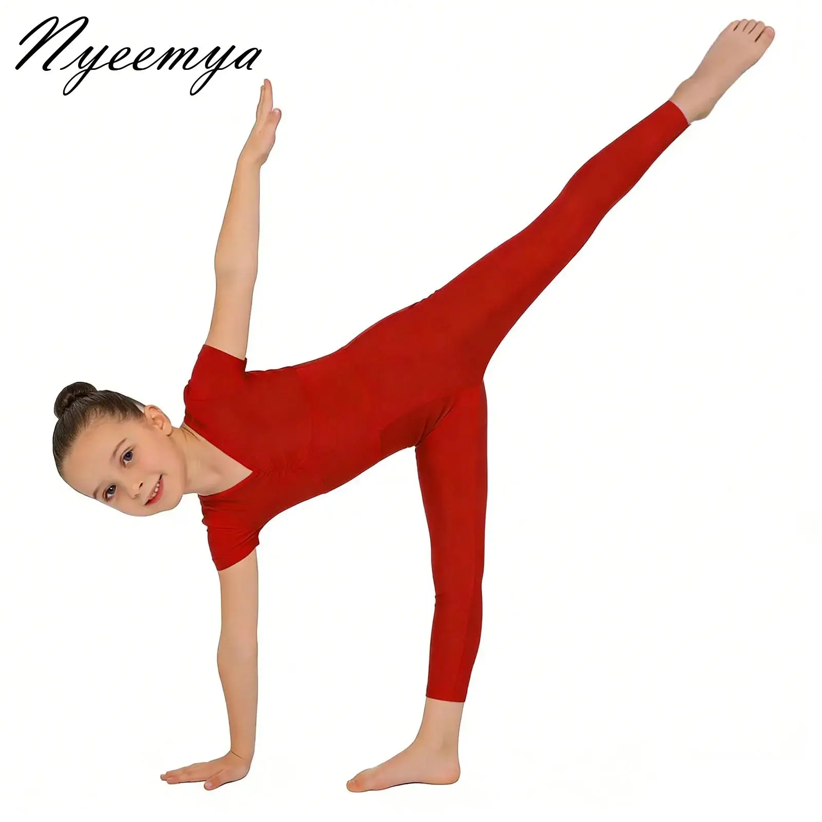 

Kids Girls Short Sleeve Zip Back Yoga Unitard Front V-Neck Bodysuit Children Full Body Dancewear Figure Skating Ballet Jumpsuit