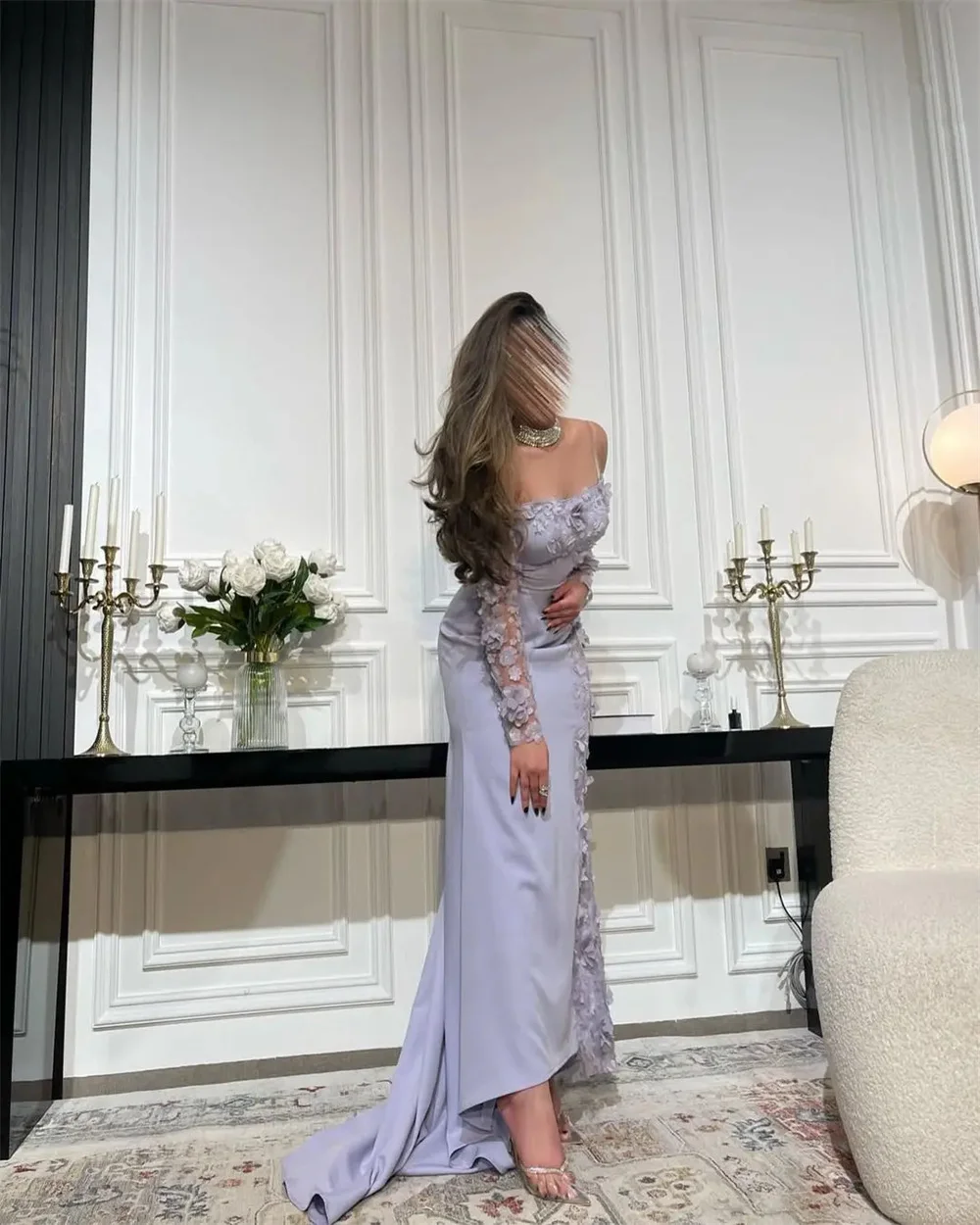 Amanda Lavender Chiffon Party Dresses FLowers Appliques vestidos de fiesta Elegant Long Sleeves Mermaid Strapless فساتين سهرة