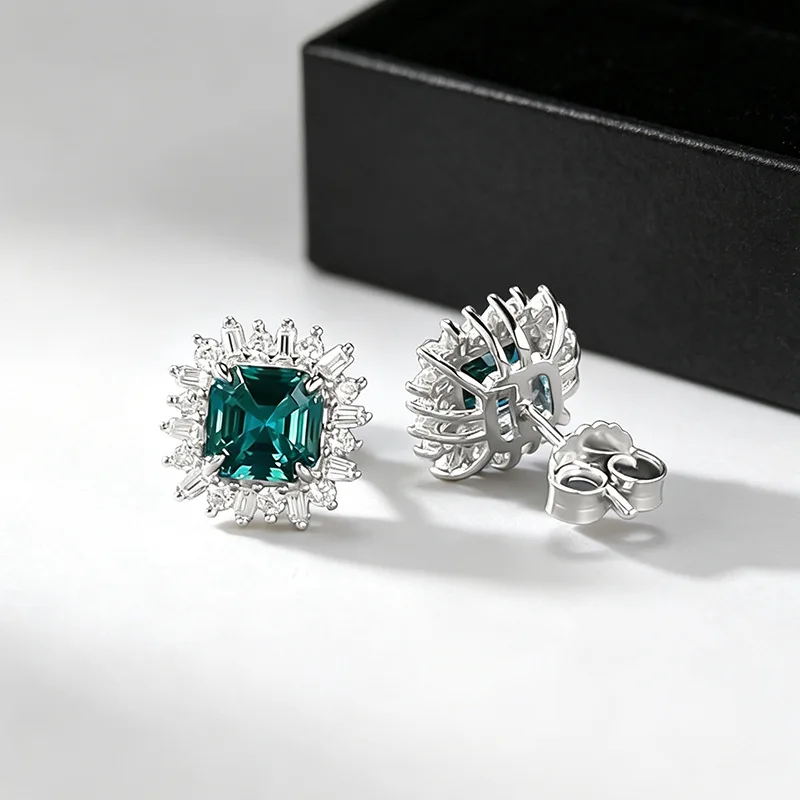 S925 Silver Stud Earrings 6*6mm Emerald‑Green Square Zircon Halo Baguette Accent Studs Vintage Luxury Fine Jewelry Women Party