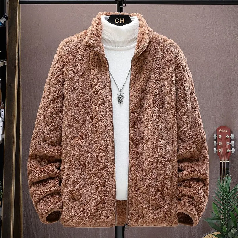 

Men's Stand Collar Autumn Winter New Coral Velvet Thick Solid Color Twists Long Sleeve Loose Zipper Casual Cardigan Coats Tops