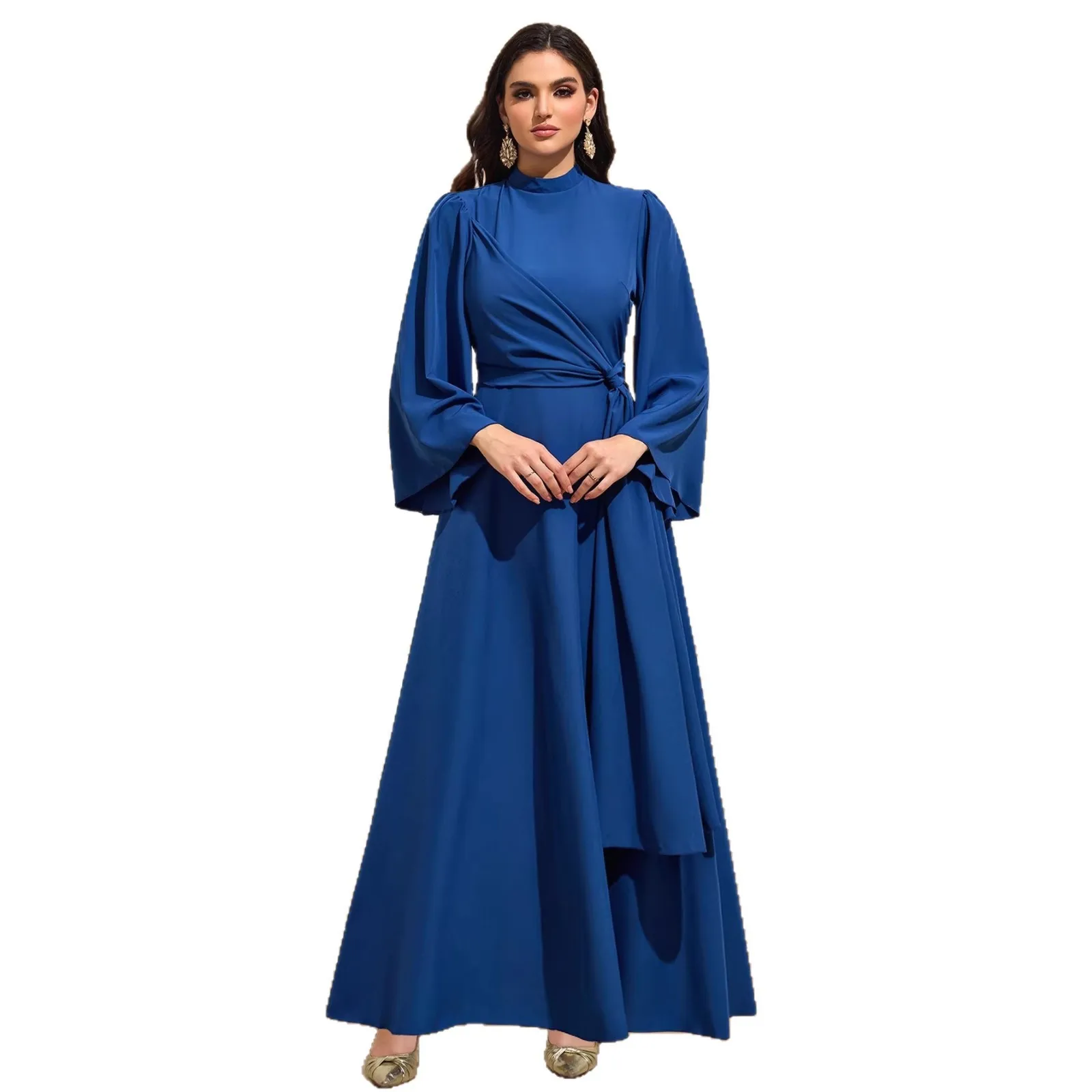 

New round neck gown Cross border solid color elegant waist length dress Fashion Türkiye big hem dress abaya