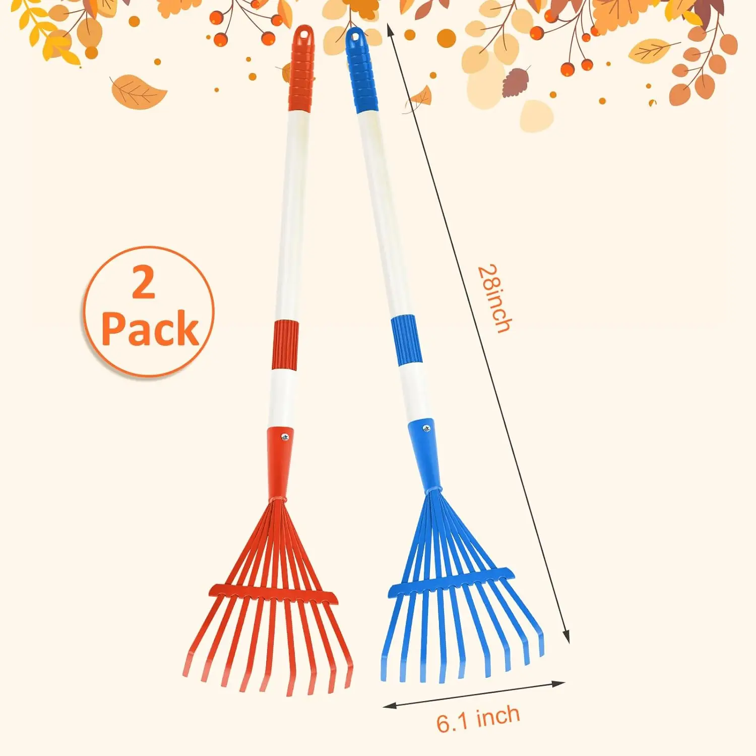 Kids Rakes for Leaves,Child Size Garden Rake Childrens Lawn Rake Toddler Leaf Rake Rakes with Detachable Hardwood Handle （RED）