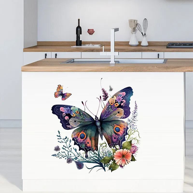 M733 Butterflies Plants Flowers Wall Sticker Bathroom Toilet Decor Decals Living Room Cabinet Home Decoration Self Adhesive Mura