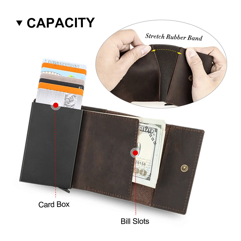 CONTACT\'S Genuine Leather RFID Card Wallets for Men Aluminium Box Card Case Card Holders Money Clips Slim Casual Men\'s Wallets