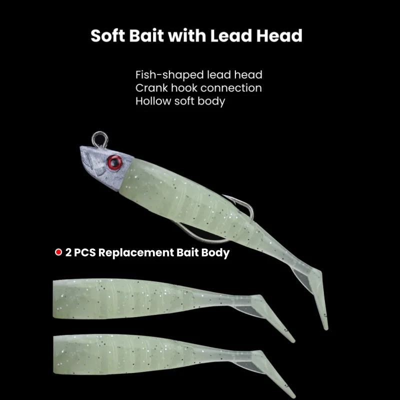 

2 Replacements Luminous Lead Fish Head Soft Bait Fishing Lure Crankbait Hook 8g Lure Jigging Fishing Tackle T Tail Sea Bass Lure