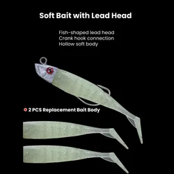 2 Replacements Luminous Lead Fish Head Soft Bait Fishing Lure Crankbait Hook 8g Lure Jigging Fishing Tackle T Tail Sea Bass Lure