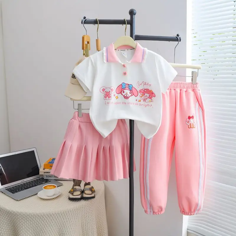 

Girly Heart Kuromi Anime Kawaii Short Sleeve Pants Dress Set Summer Cute Sanrio Cinnamoroll Cotton Blouse Pleated Skirt Gifts