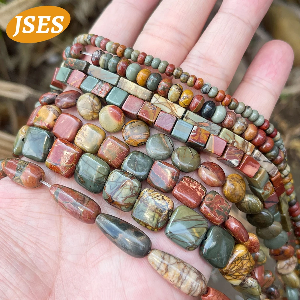 Natural Stone Picasso Jasper Tubular Rondelle Square Beads for Jewelry Making Bracelet Necklace DIY Accessories Strand Beads