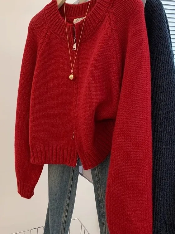 

plus Size Sweater Jaet Double Zipper Loose Fit Men's Women's Autumn Winter Lazy Sle Open Cardigan Red Retro New Year's Ins