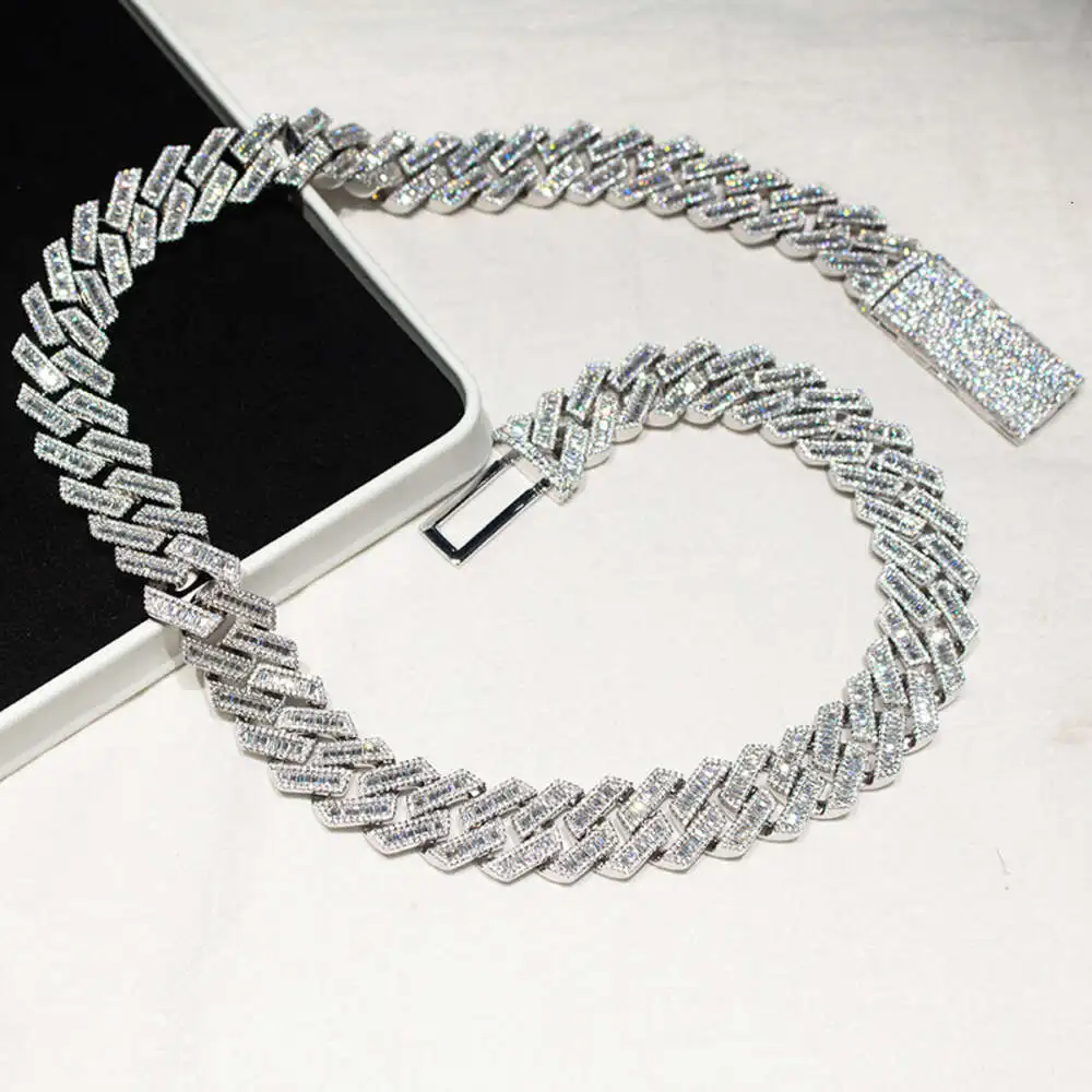 

Hip Hop Men Luxury Cuban Chain 20mm Width Baguette Three-row Moissanite Miami Full Iced Out Cuban Link Chain Necklace