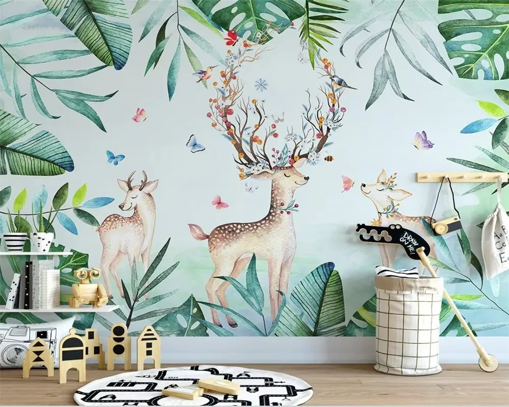 

Обои на заказ с изображением тропических растений, банановых листьев, мультяшных животных и растительного декора, 3D-обои.