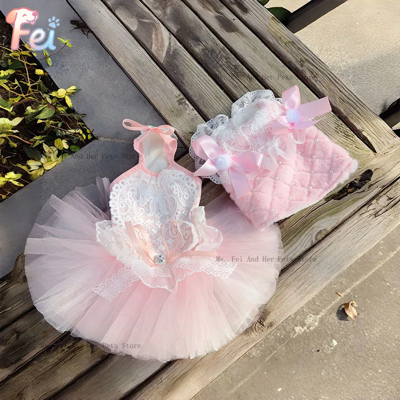 

High quality Sweet Pearl Plush Coat Lace Dress for Small Medium Dogs Poodles Winter Puppy Outfit Fashion Handmade Pet Clothes