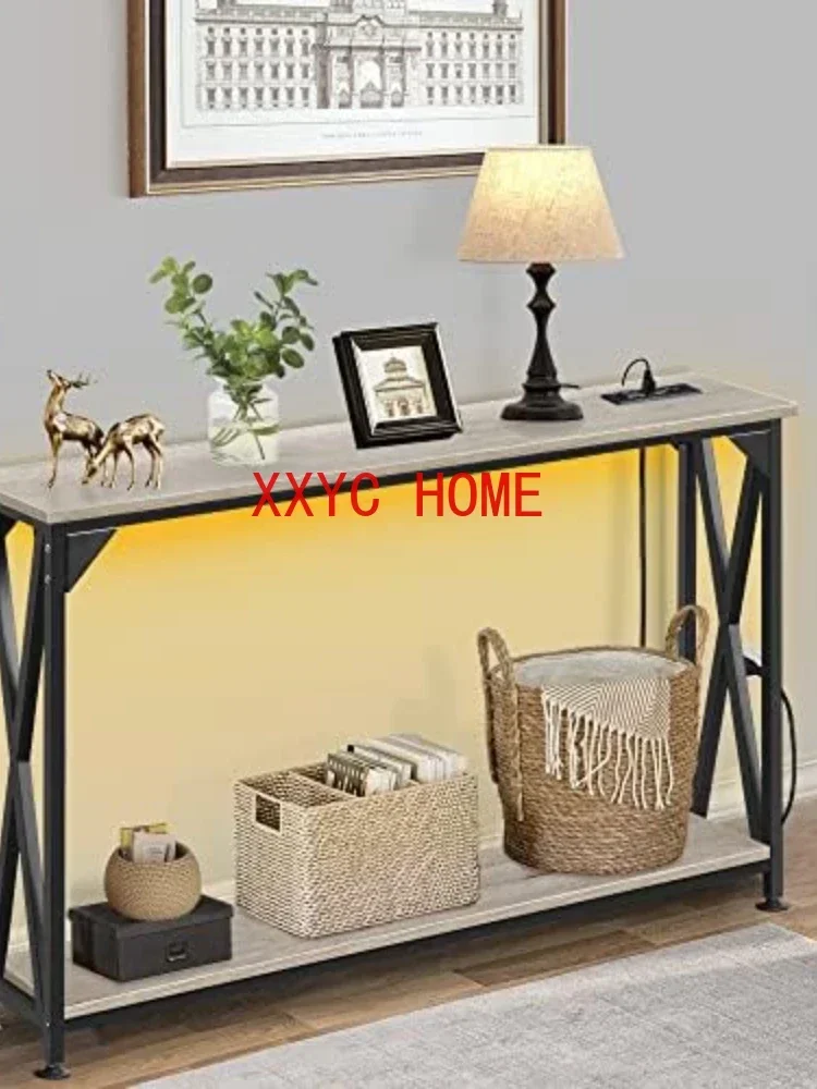 Tiers Console Sofa Table with Power Outlet, Industrial Entryway Table with Open Storage Shelf, Accent Side Table with LED Strip